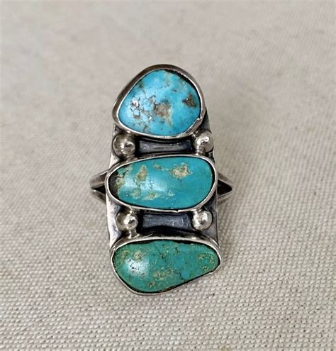S Navajo Turquoise Ring Triple Three Multi Stone Vintage Native
