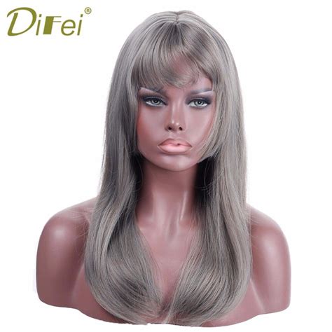Difei Long Straight Hair Wig Grey Wig Female Synthetic