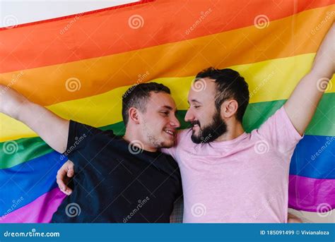 Two Homosexual Men Holding Lgbtq Flag Stock Image Image Of Loving Romantic 185091499