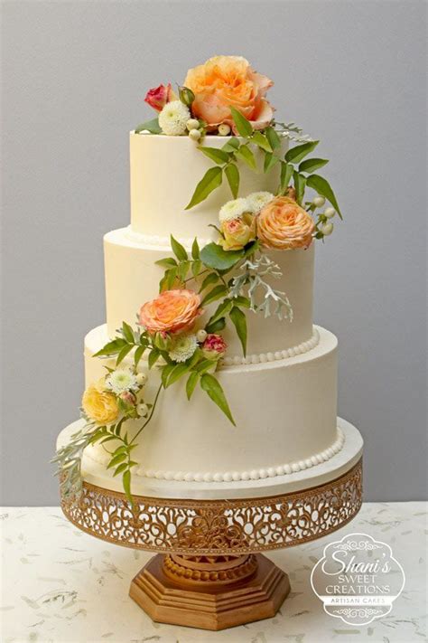 Elegant Smooth Buttercream Wedding Cake With Fresh Flowers Peach