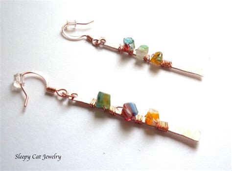 Copper Stick Earrings Wire Wrapped With Colorful Millefiori