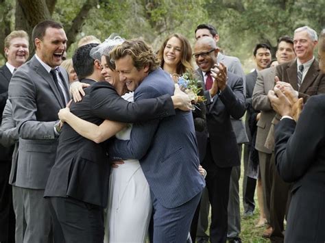 teresa robin tunney and patrick simon baker are surrounded by friends at their wedding