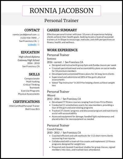 Personal Trainer Resume Examples For