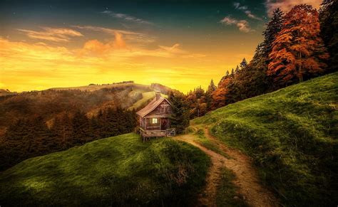 Brown Wooden House Photography Nature Landscape Cottage Hd