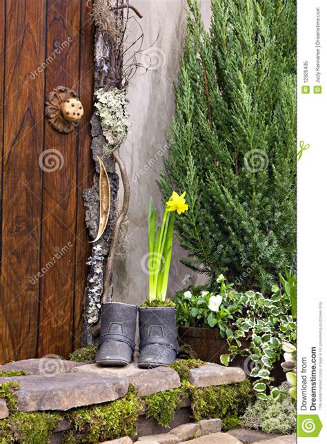 Front Door With Spring Flowers Stock Image Image Of Boots Knob 12926405