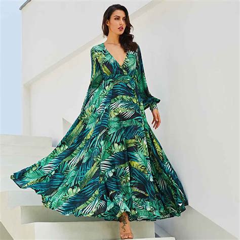 Long Bohemian Casual Party V Neck Palm Leaf Print Maxi Dress With Sleeves Apricus Fashion