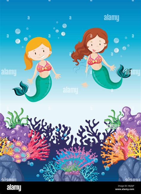 Two Mermaids Swimming Under The Ocean Illustration Stock Vector Image