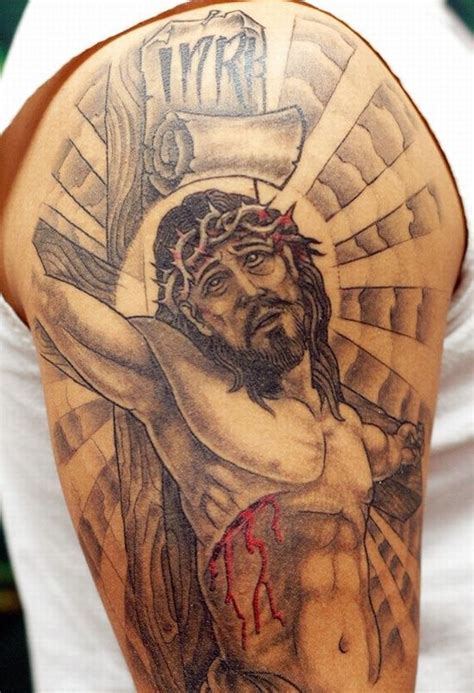 If you're looking for a rad font to go along with your cross tattoo, check our this curated collection: Arm Tattoos For Men | Crucifix tattoo, Arm tattoos for ...