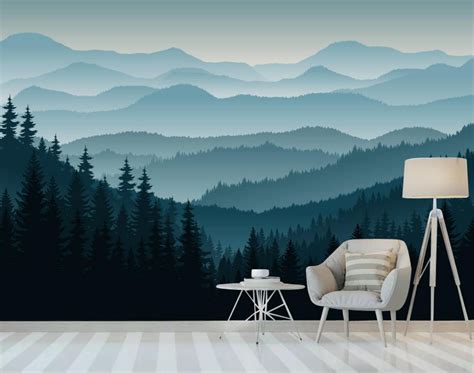 3D Mountain Mural Wallpaper, Ombre Blue Mountain Pine Forest Trees Peel