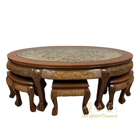 Vintage Chinese Massive Carved Coffee Table With 6 Nesting Stools