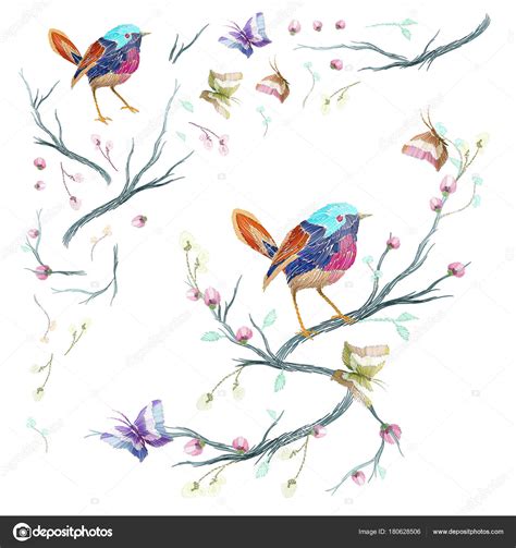 Vintage Seamless Pattern Bird Flowers Leaves Branch Isolated White