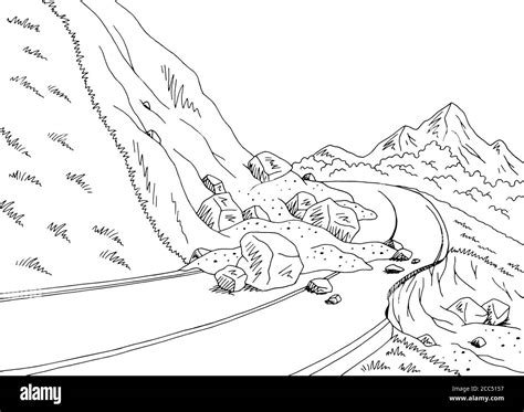 Landslide Graphic Black White Mountains Landscape Sketch Illustration