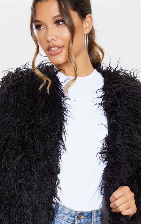 black shaggy longline faux fur coat prettylittlething aus