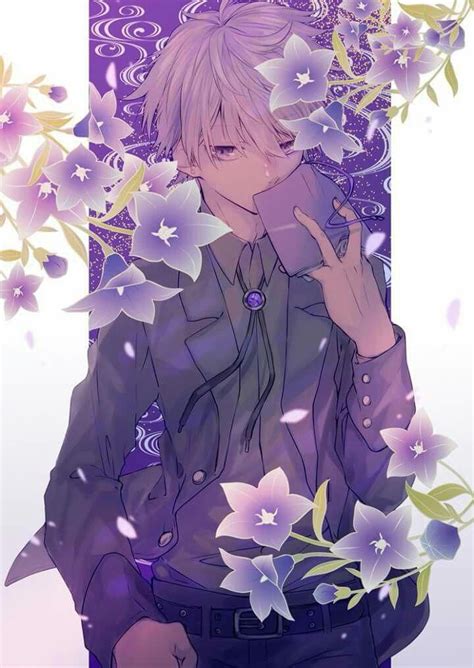 Anime Guy Formal White Hair Purple Eyes Flowers