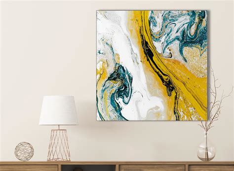 Mustard Yellow And Teal Swirl Bedroom Canvas Pictures Abstract Print