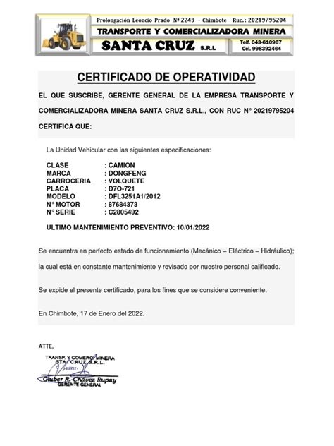 Certificado De Operatividad Volquete D7o 721 Pdf