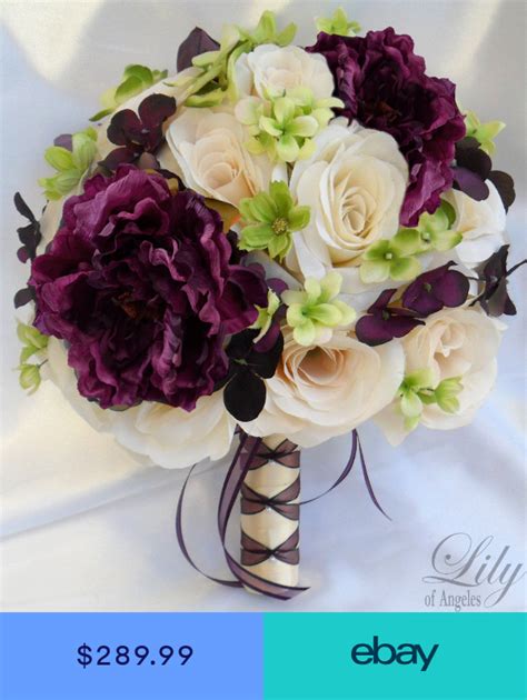 17pc wedding bridal bouquet decoration package flower plum eggplant purple green bouquet bride