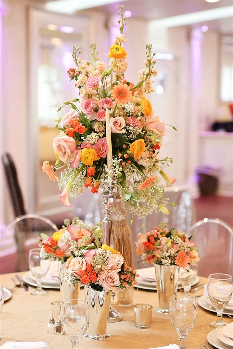Tall Wedding Reception Floral Centerpiece With Peach Gerbera Daisies