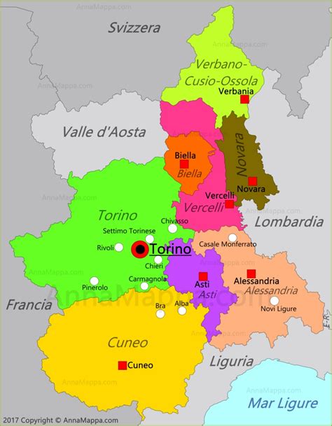 Il territorio della regione piemonte si può suddivire in tre fasce concentriche. Mappa Piemonte | Italia - AnnaMappa.com
