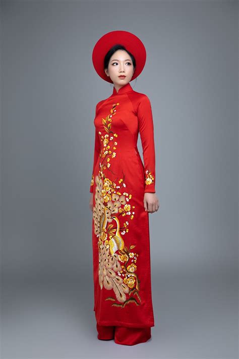 Custom Made Vietnamese Ao Dai Dress In Red With Embroidered Peacock Motif Markandvy Ao Dai
