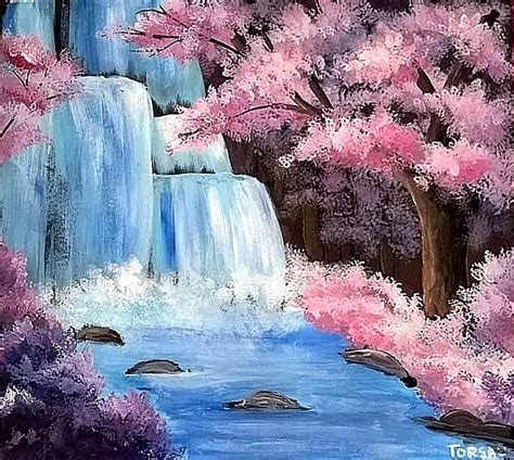 Waterfall Beside Cherry Blossom Trees Waterfall Artwork Watercolor