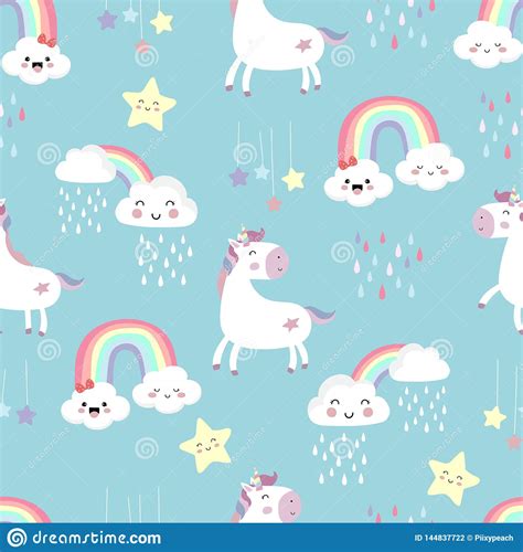 Pink Blue Violet Hand Drawn Seamless Pattern With Rainbowheartcloud