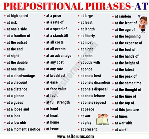 A prepositional phrase, at the very minimum, consists of a preposition and its object and frequently includes a direct or indirect article. List of 74 Useful Prepositional Phrase Examples with AT ...