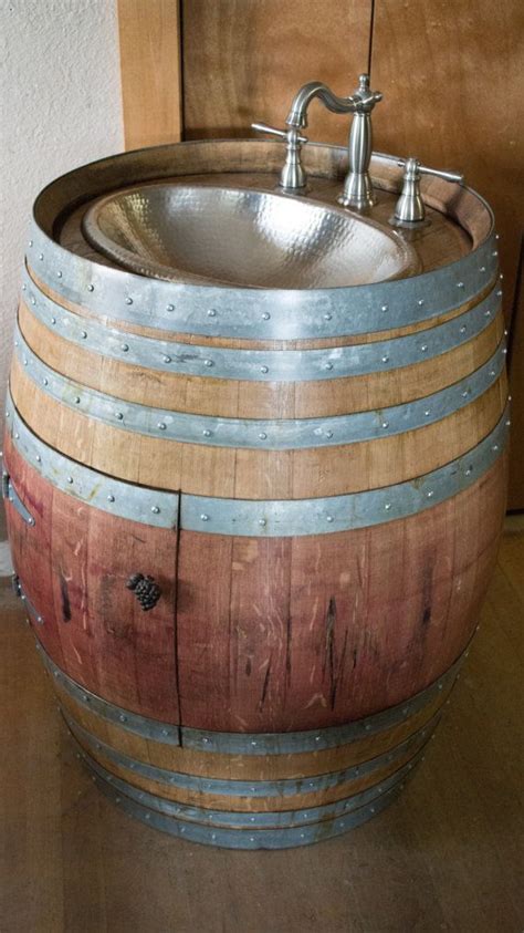 Natural Wine Barrel Vanity With Hammered Nickel Sink Whiskey Barrel
