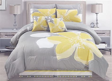 12 Piece Yellow Grey White Floral Bed In A Bag King Size