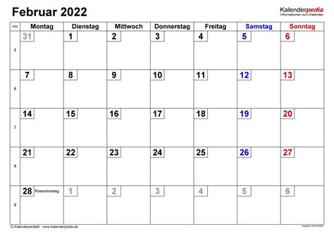 Kalender Februar 2022 Als Pdf Vorlagen