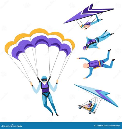 Parachutist And Paraglider Skydiving Isolated Characters Sky Jumping