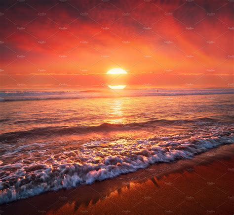 Beautiful Red Sunset On Beach Nature Stock Photos ~ Creative Market