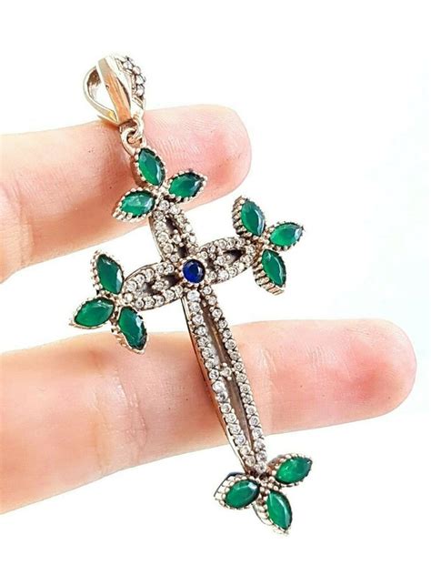 Turkish Handmade Jewelry Sterling Silver Sapphire Emerald Cross