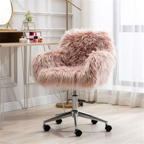 Pink Desk Chair Fluffy Chair For Girls Makeup Vanity Chair Modern Faux Fur Office Chair With