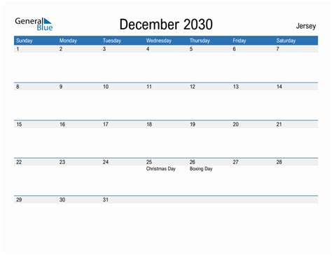 Editable December 2030 Calendar With Jersey Holidays
