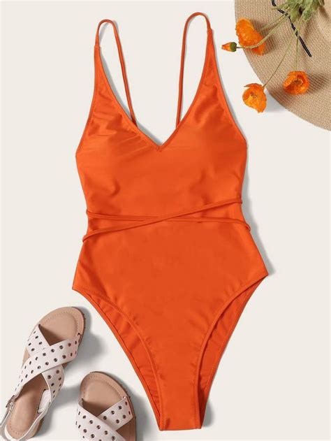 Shein Lace Up High Leg Swimsuit Brown Swimsuit One Piece Swimsuit