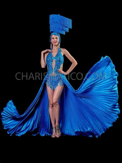 Blue Burlesque Sequin Leotard With Large Fan Wing Skirt And Tassel Headdress Sequin Leotard