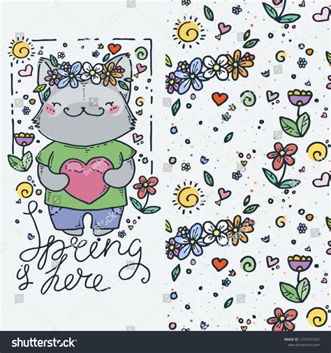 Spring Is Here Set Of Cute Cartoon Animal And Seamless Pattern Vector
