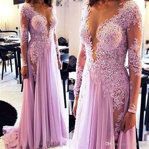 See Through Light Purple Evening Dress With Long Sleeves Lace Appliques Prom Dress Beaded