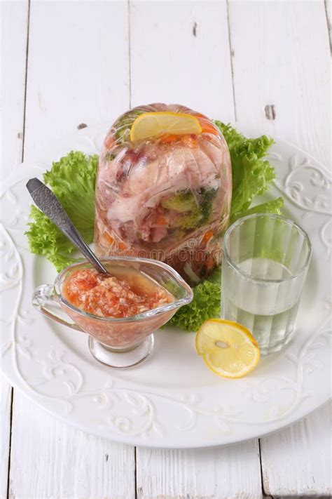 Aspic With Horseradish And Vodka With Lemon Traditional Russian Dish
