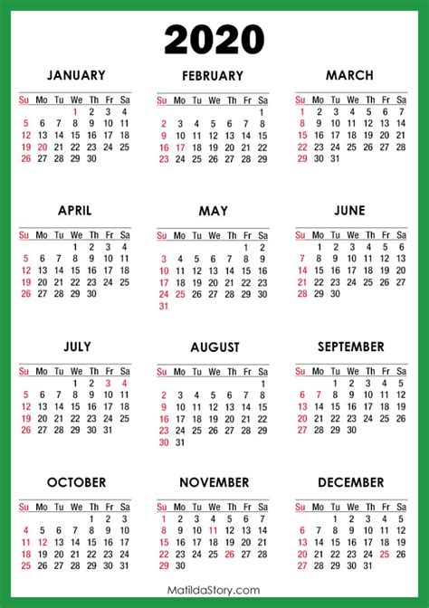 2020 Calendar With Holidays Printable Free Green Sunday Start