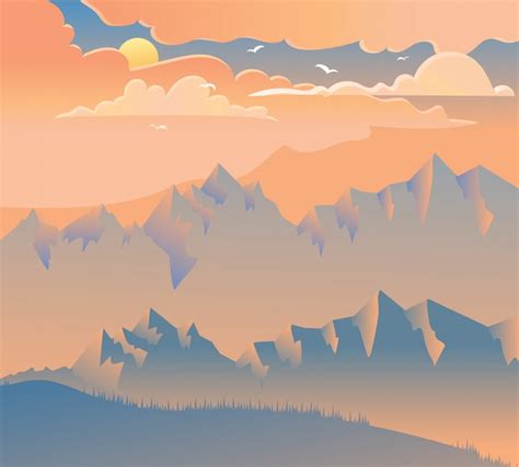 Premium Vector Sunset In Mountains Vector Illustration