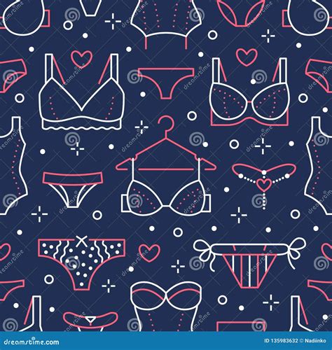 Lingerie Seamless Pattern With Flat Line Icons Of Bra Types Panties