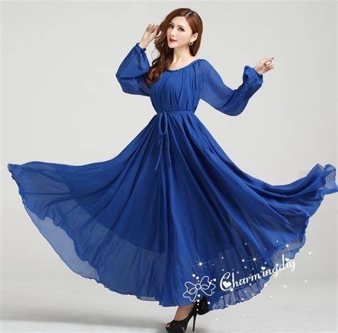 110 Colors Chiffon Blue Autumn Long Sleeve Party Big Hem Dress Etsy