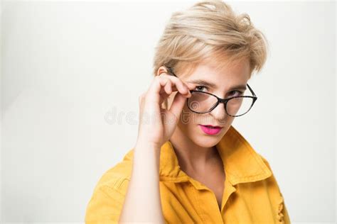 Woman Adorable Blonde Wear Eyeglasses Close Up Eyewear Fashion Add Smart Accessory Stock Image