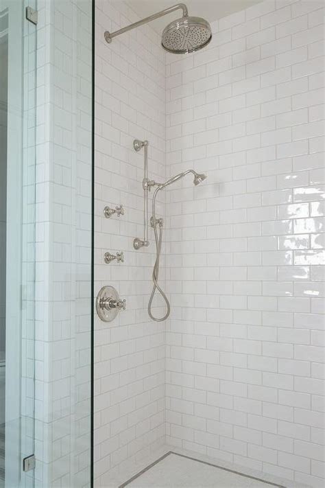 Modern, glass rectangular tiles create subtle or bold beauty and Shower with White Subway Tiles and Glass Shower Partition ...