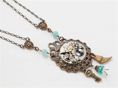 Steampunk Necklace Silver Watch Parts Movement Gears Gold Filigree Blue