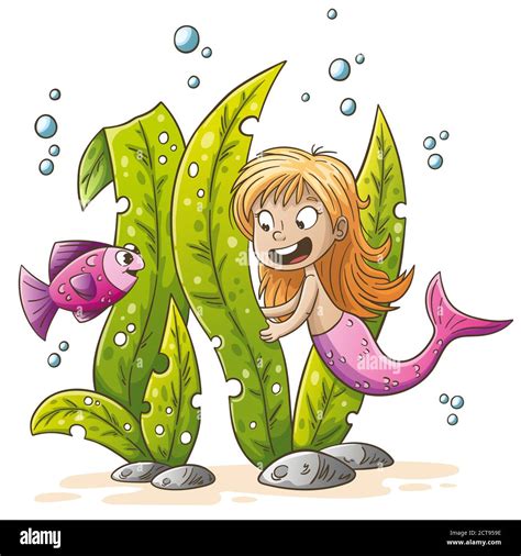 Little Mermaid With Fish Hand Drawn Vector Illustration With Separate