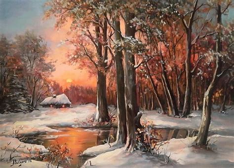 O Iarna In Amurg Tablou De Anca Bulgaru Oil Painting Landscape Art