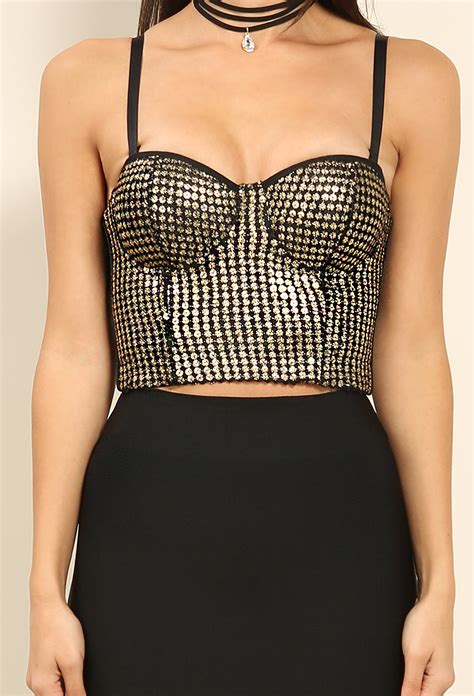 Available in 38 / 40 / 42 ; Gold/ Black Sequin Bustier Top | Shop What's New at Papaya Clothing